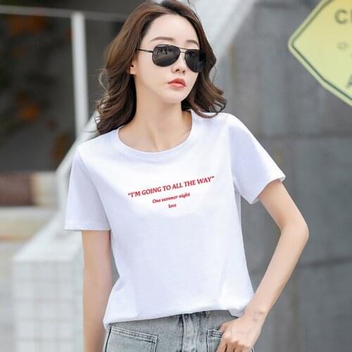Summer Womens T-shirt 2021 Korean Letter Embroidery O-neck Tops Loose Short Sleeve Tee Shirts Femme Cotton Casual White Top