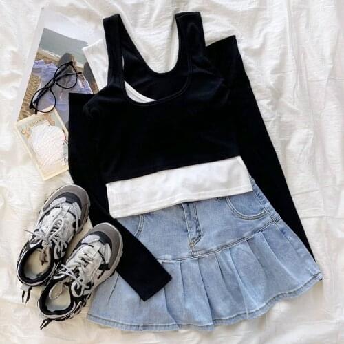 2021 Summer Sexy Short Tshirts Women Korea Fashion Long Sleeve Vintage Slim Clothing Design Face Two Piece Black Y2k Tops Female