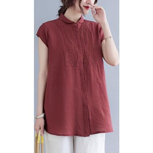 Women Summer Loose Casual Shirts New Arrival 2021 Vintage Style Turn-down Collar Embroidery Female Short Sleeve Tops S3786