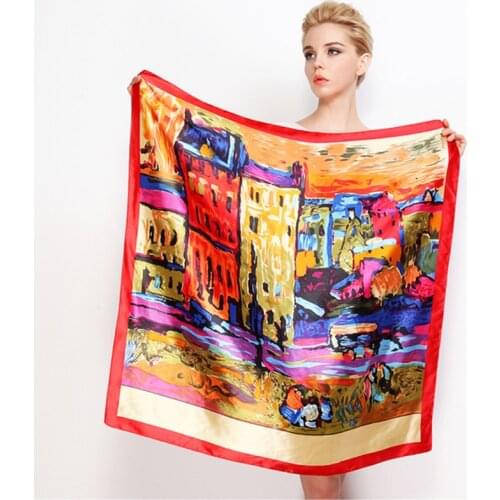 New Fashion European Oil Painting House Large Square Scarves Female Elegant Large Silk Scarf Ladies Bandana Accessories 90*90cm