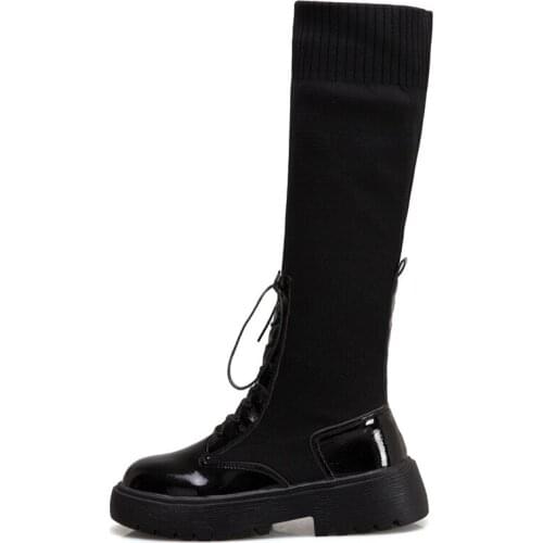 Winter for woman new fashion shoes Pure color Cross tied boots Knee high boots Slip on flats 35-39