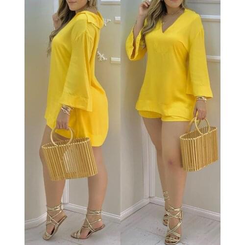 2021 Women Plain Bell Sleeve V-Neck Long Casual Loose Top & Shorts Set Casual Summer Solid Streetewar Suit Sets
