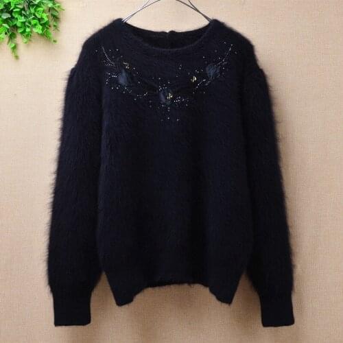 New ladies beaded flower pullover Angora rabbit fur sweater solid color mink cashmere sweater o-neck warm sweater hot sale