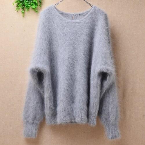 Ladies women hairy fluffy mink cashmere long sleeves loose batwing sleeves loose pullover angora rabbit fur jumper sweater pull