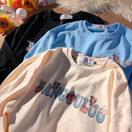 Vintage Cute Little Angels Letter Printing Sweatshirt Women Casual O-neck Long Sleeve Tops 2021 Autumn New Fashion Streetwear