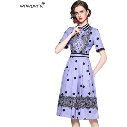 Summer Stylish Short Sleeve Turn Down Collar Dot Print Runway Women Dress 2021 New Fashion Midi Holiday Robe Vintage Vestidos