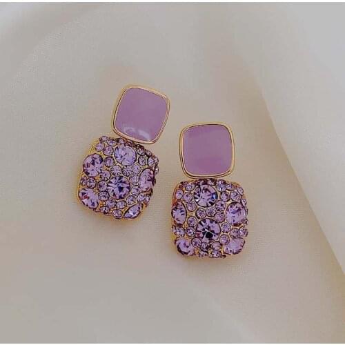2021 New Super Flash Diamond Simple Versatile Advanced Purple Earrings Square Temperament Fashion Earrings For Women