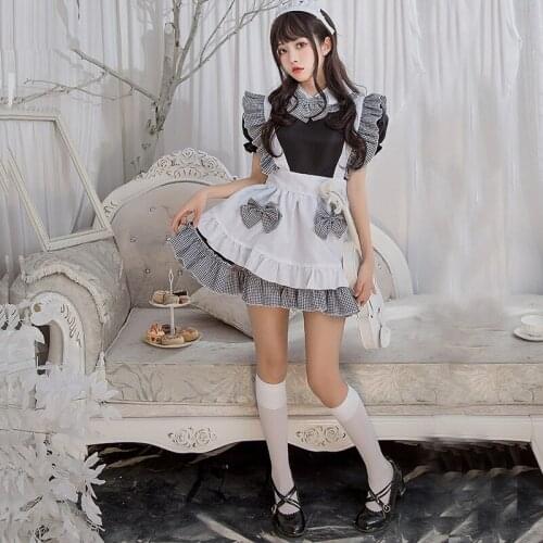 2021Halloween Costume Lolita Maid Dress Chef Daily Black and White Plaid Cospaly Maid Loli Dress