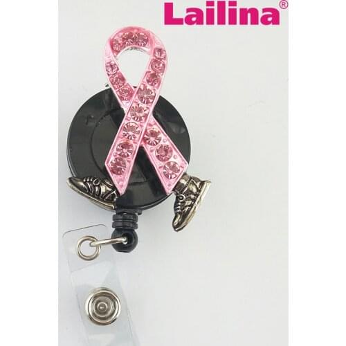 5pcs/lot Bling Rhinestone Pink Ribbon shoe Badge Reel Retractable, nurse gift ID Badge Holder