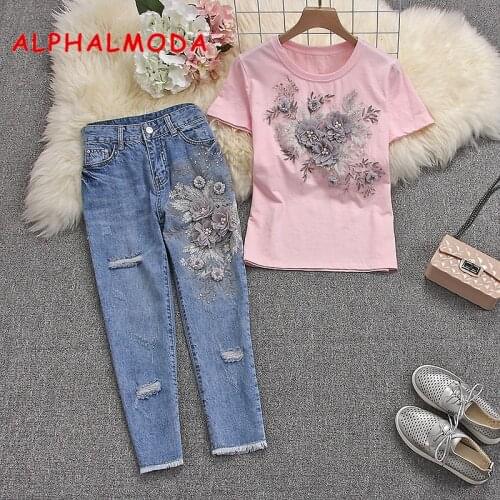 ALPHALMODA 2019 Summer Women Stylish Short-sleeved Tshirts Jeans Heavy-work 3D Floral Cotton Tshirts and Ripped Trousers