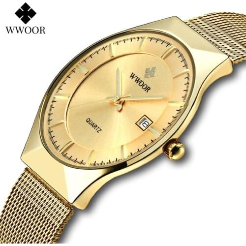 WWOOR Luxury Ultra Thin Mens Quartz Wristwatches Waterproof Casual Sports Mesh Steel Gold Automatic Date Watch Relogio Masculino