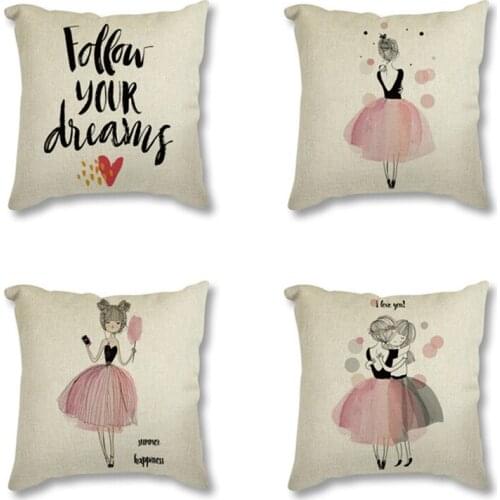 Nordic Style Throw Pillow 45x45cm Seat Cushion For Sofa Watercolor Kawaii Cartoon Girl Printed Decorative Cushion Home Decor