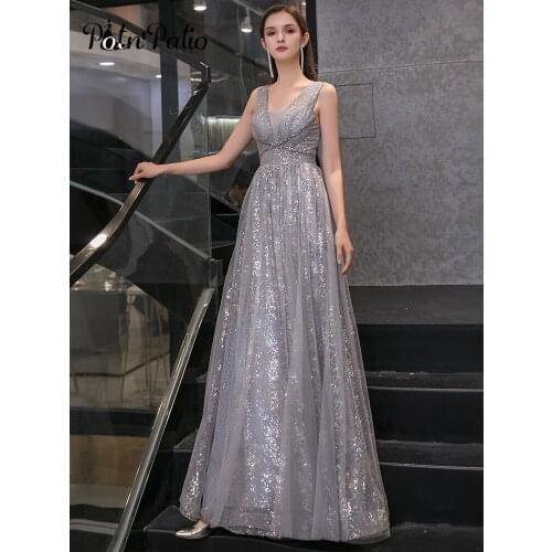 Elegant Gray Women Formal Dresses 2021 Sexy V-neck Sleeveless A-line Floor-length Long Evening Gowns