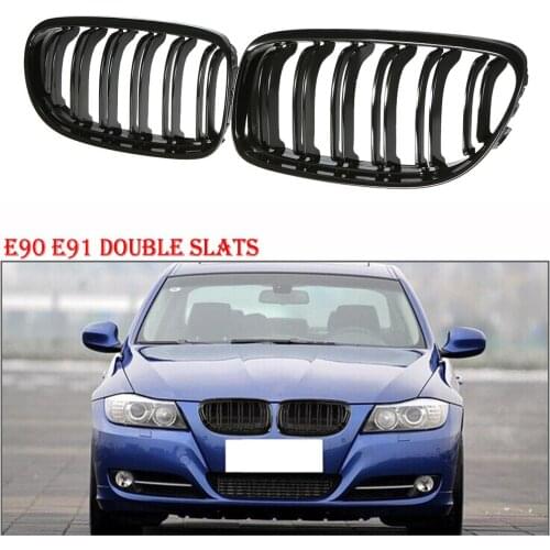 Gloss Black Front Twin Slat Fins Grille For BMW E90 E91 LCI 3Series 2009-2011 4D