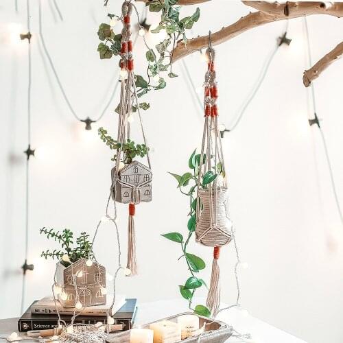 Tapestry hanging baskets green plants hanging wall flower pots Bohemian hand-woven net bag flower pots balcony decoration