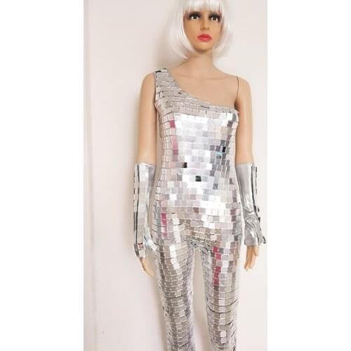New DJ Nightclub Bar DS Female Singer Party Catwalk Lens Performance Jumpsuit Lady Sexy Oblique Shoulder Mirror Bodysuit DWY2905