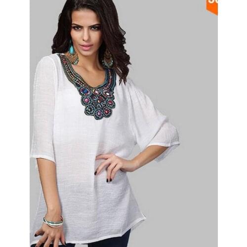 Hot ! New Fashion Europe Vintage Bohemian Embroidery Short Sleeve T Shirt Women Clothing Casual Blusas Plus Size 7 colors