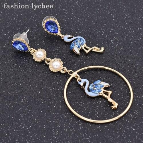 Fashion lychee Asymmetry Lovely Flamingo Bird Simulated Pearls Long Dangle Earrings Women Round Circle Drop Ear Jewelry