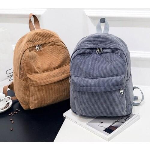 Fashion Women Solid Color Knapsack Male Female Zipper Shoulder Backpack Corduroy Large Capacity Ladies Knapsacks