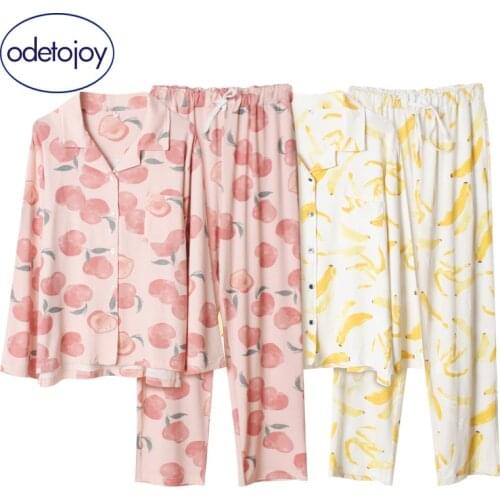 Japanese sweet cartoon peach pajamas spring and autumn long-sleeved trousers lapel home service loose suit women