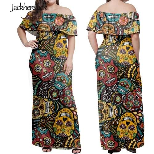 Jackherelook Classic Colourful Aztec Sugar Skulls Womens Off Shoulder Belted Ruffles Dress Evening Party Robe Bodycon Vestidos