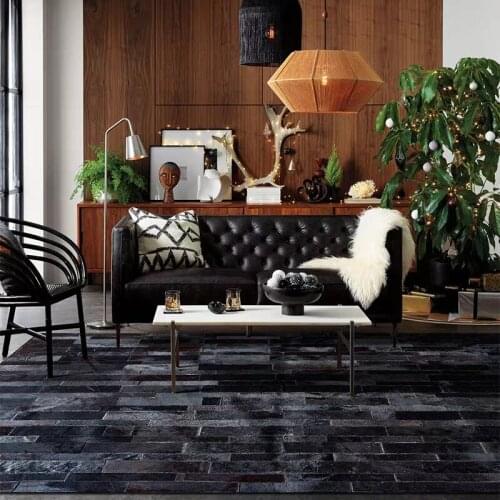 American style luxury cowhide patch work rug, natural black color cow skin fur carpet for living room decoration fur mat