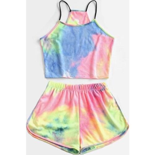 Tie Dye Print Tracksuit Summer Women Casual Gradient Colored Crop Top Wide Leg Shorts Pants Beach Two Piece Set Outfit Suits
