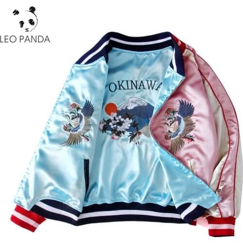 Spring Women Reversible Jacket Stand Collar Embroidery Crane Tiger Reversible Baseball Uniform Vintage Loose Short Coat HF294