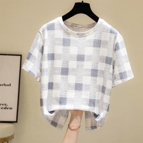 Plaid Short-Sleeved Plus Size Spring Autumn Summer Vintage Clothes For Women Oversized T-Shirt Tops Blouses Vetement Femme 2021