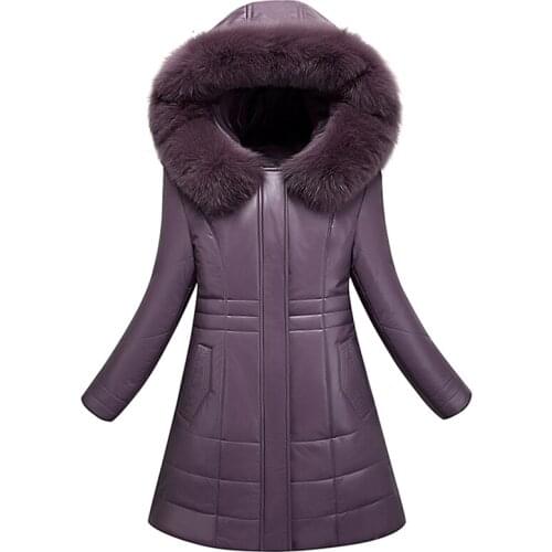 Women PU Leather Parkas Winter Elegant Faux Sheepskin Long Jacket Fur Collar Thicken Camel-Padded Coat Female Leather Outerwear