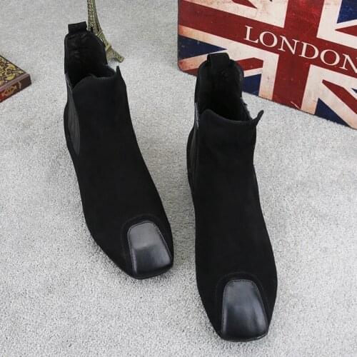 Fashion Square Toe Slip On Women Leather Patchwork Suede Short Boots British Autumn Winter Low Heel Female Casual High Top Boots