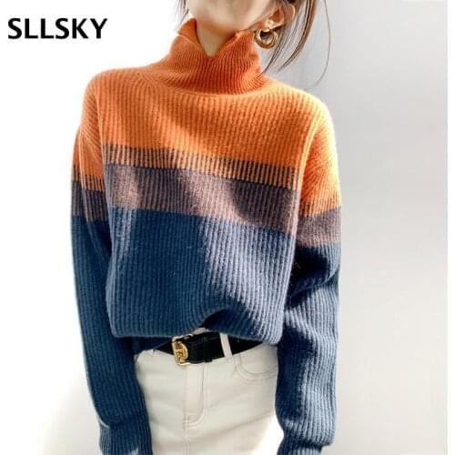 SLLSKY England Style Gradient Striped Sweater Women Autumn New Knitted Turtleneck Loose Pullover Sweater Long Sleeve Jumpers