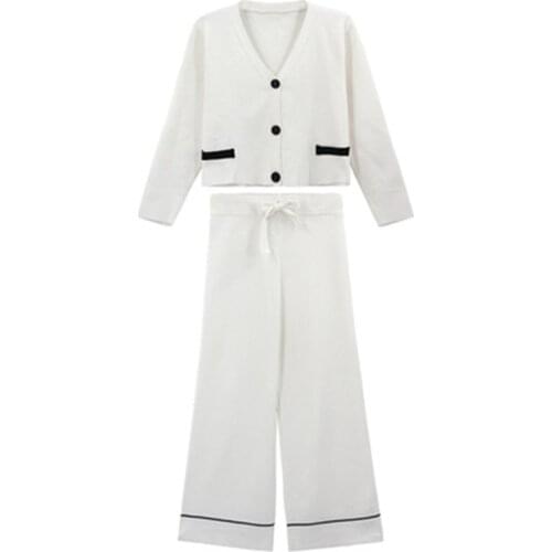 Fashion Women V-neck Slim Solid Two Piece Set Spring Autumn Long Sleeve Cardigans Top And Pants Knitted Sweater Tracksuit