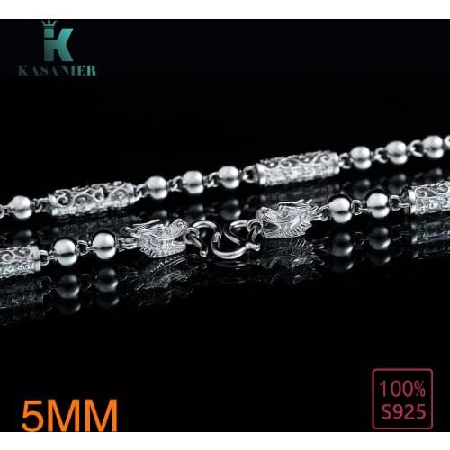 KASANIER Real 100% S925 Sterling Silver Man 5MM Beads Bamboo festival Necklaces + Double Dragon Buckle Fashion Silver Jewelry