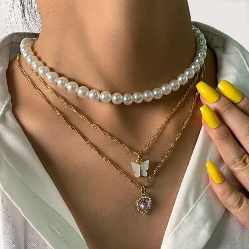 Flatfoosie Imitation Pearl Heart Crystal Choker Necklace For Women Multi-layer Butterfly Pendant Necklace Fashion Jewelry Gift