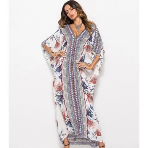 New Printed Bohemian Women Maxi Dress Batwing Sleeve Holiday Beach Wear Fashion Muslim Abaya Dubai Moroccan Kaftan Robe Vestidos