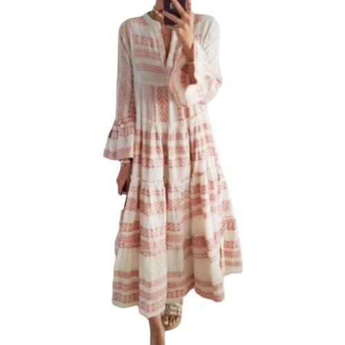 Women Fashion Geometric Print Dress Flare Sleeve V-neck Dress for Beach Vacation Daily Wear