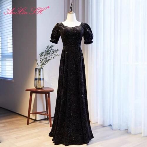 AnXin SH princess black velour evening dress vintage party sweetheart puff sleeve bride evening dress little black dress