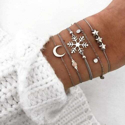 5 Pcs/Set Vintage Snowflake Moon Star Gem Pendant Bracelet Women Charm Infinity Bracelet Boho Jewelry Accessories