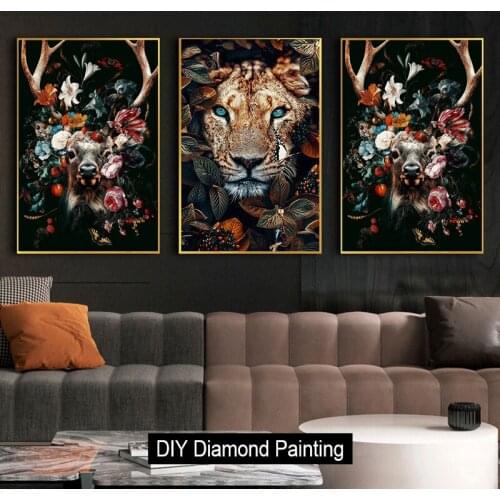 Diamond Full Diamond Embroidery DIY Diamond Painting Cross Stitch Round Drill Deer Tiger Lion Face& Flowers Picture Of Rhineston