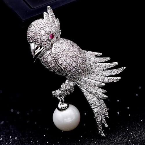 Zlxgirl mens Cubic zircon copper brooches cute Birds Shape animal brooch accessory brand Dubai pearl scarf pins