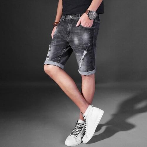 Mens Short Hot Fashion Summer Distressed Motor Man Soft Cotton Denim Jeans Knee-Length Vintage Slim Fit Jeans Trouser Male