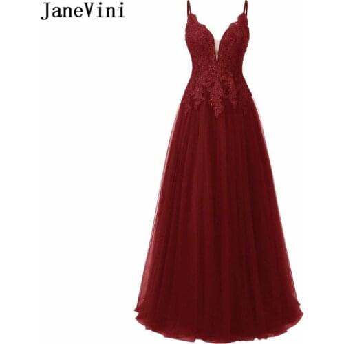 JaneVini Elegant Long Burgundy Bridesmaid Dresses with Lace Applique Beads A Line Spaghetti Straps Floor Length Tulle Prom Gowns