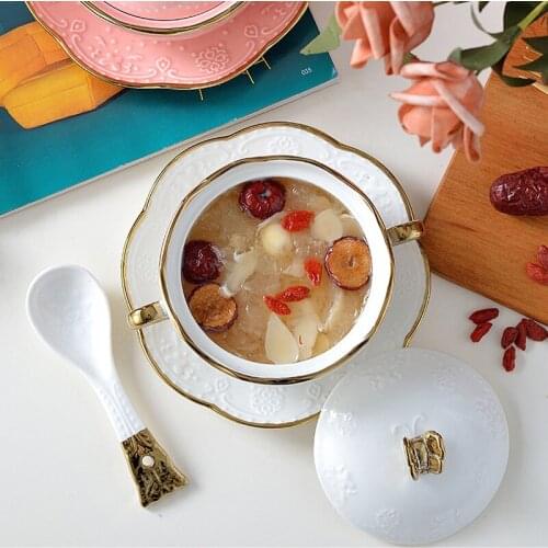 Ceramic Soup Stew bowl with Lid Home Hotel Dessert Birds Nest Bowl Ceramic Stew Pot with Lid