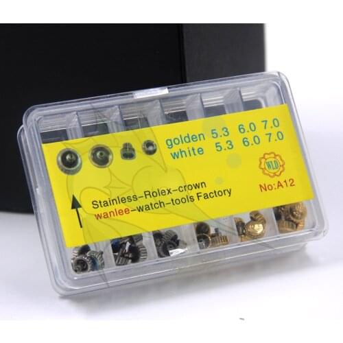 30pcs/lot 5.3mm 6.0mm 7.0mm Assort Size Golden / Silver Stainless Steel Watch Crown Kit box Replacement Watch Crown for Rlx