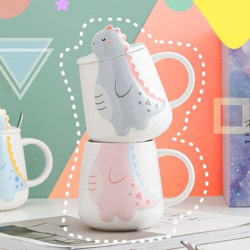 Creative dinosaur heat-resistant Mug cartoon with lid 450ml cup dinosaur coffee ceramic mugs children cup office Drinkware gift