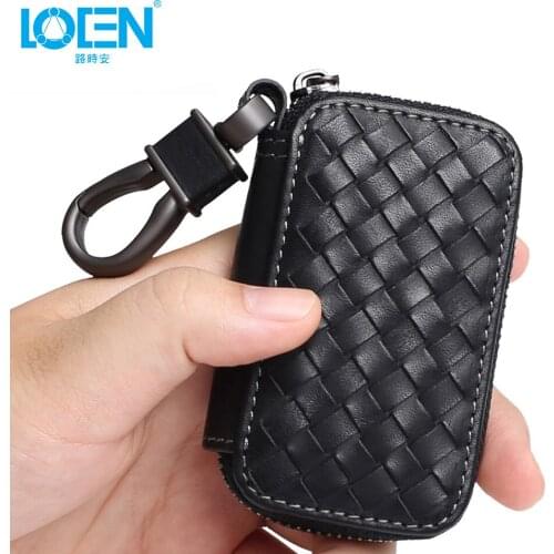 LOEN Key Case bag Key Case For Car Leather 1PC Universal weave with Zipper keychain Organizer coin wallet purse black brown