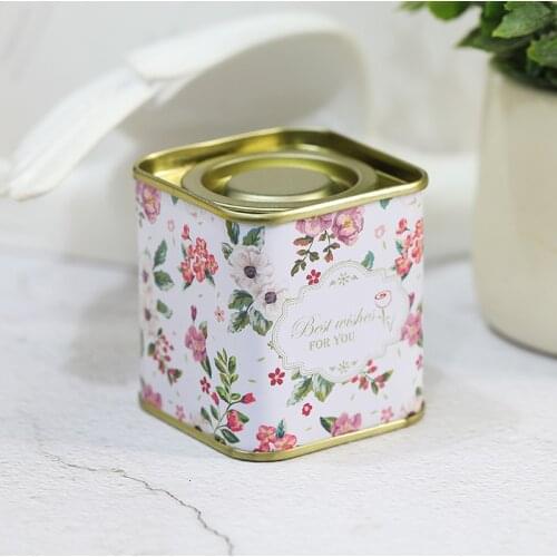 Sweet Romantic Square Tinplate Can Flower Tea Candy Box Sealed Storage Case Metal Bottles Snack Biscuits Packaging Organizer