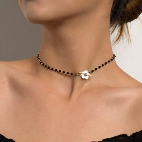Fashion Luxury Black Crystal Glass Bead Chain Choker Necklace For Women Flower Lariat Lock Collar Necklace Jewelry Party Charm