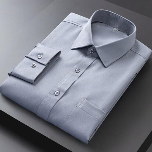Mens Solid Dress Shirt Elastic Long Sleeve Regular Fit Mens Formal Shirt Office with Front Pocket Non-iron Comfortable New